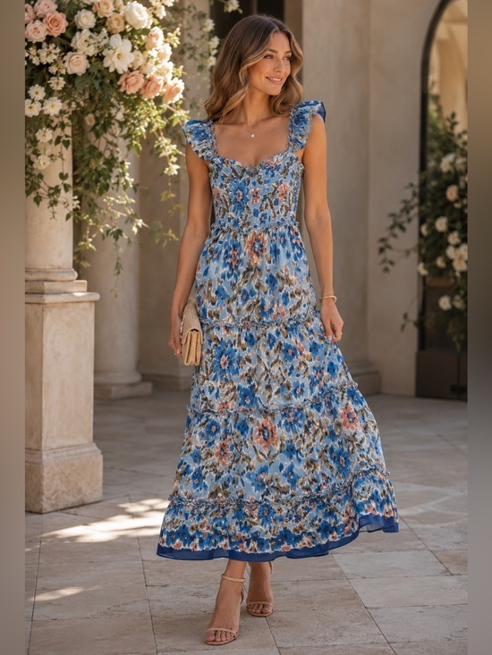 House of Harlow 1960 Dresses & Skirts - House of Harlow 1960 Boho Smocked Maxi Dress Size Small Blue Floral